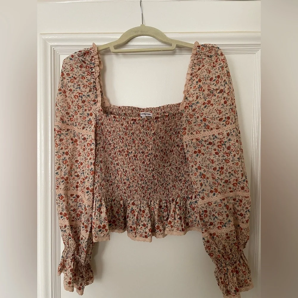 Reformation Floral Smocked Peasant Blouse in Soft Pink